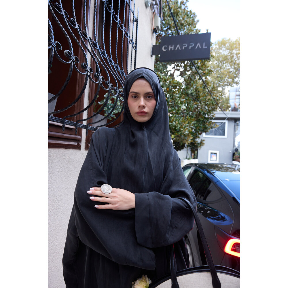 Âhu Büzgülü Siyah Cupra Abaya Şal Takım