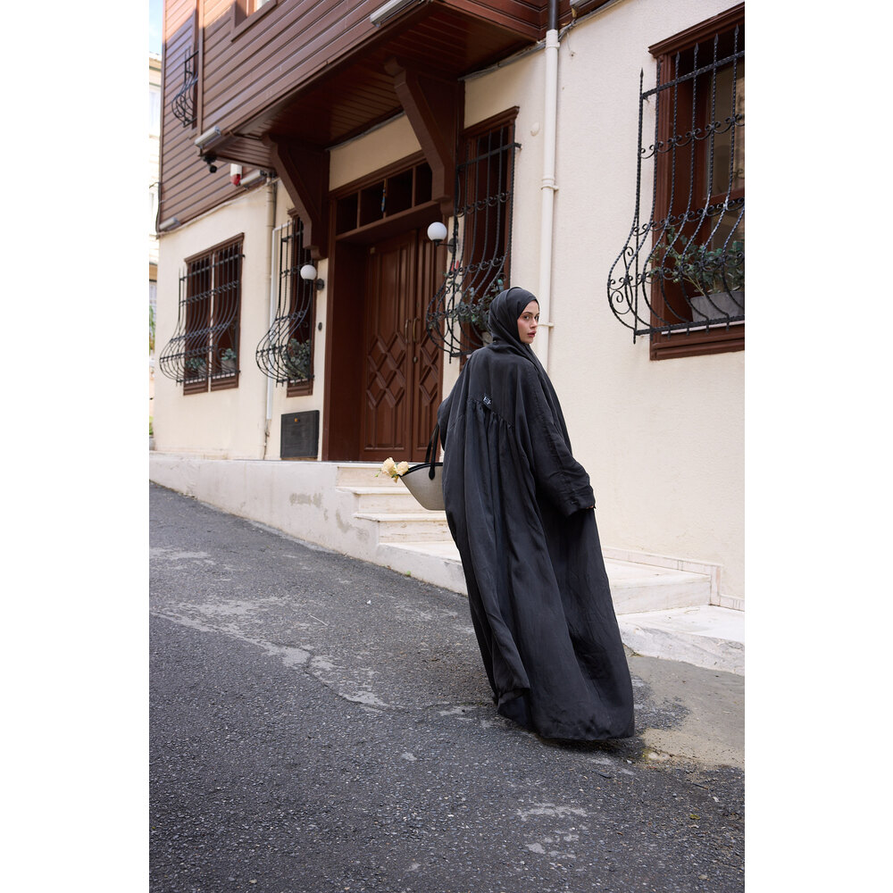 Âhu Büzgülü Siyah Cupra Abaya Şal Takım