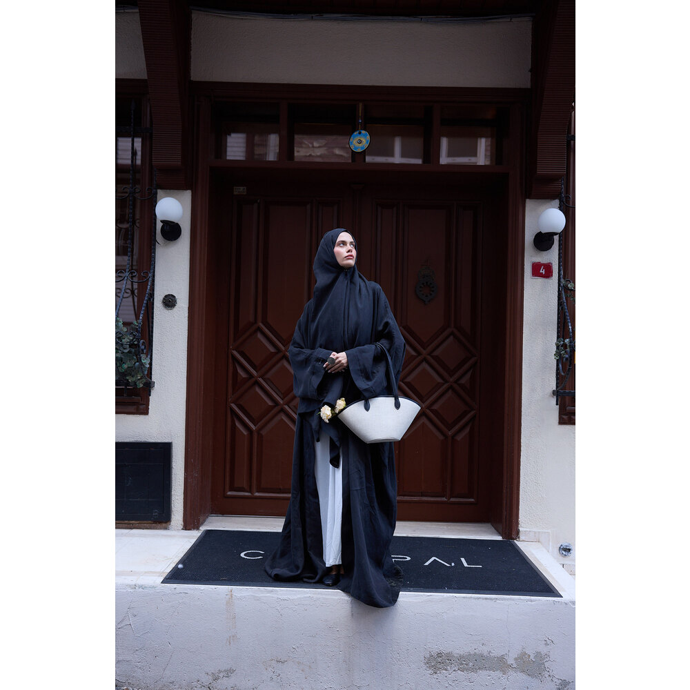 Âhu Büzgülü Siyah Cupra Abaya Şal Takım